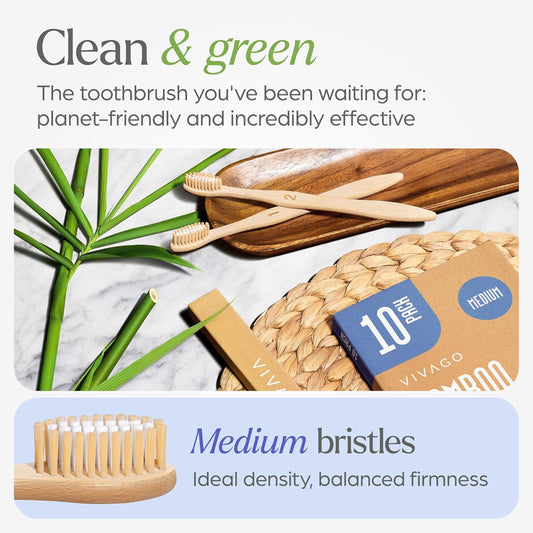 VIVAGO Compostable Wooden Toothbrush – Portable Sustainable Dental Care for Hotel Bathroom and Camping Trips, 10 Pack