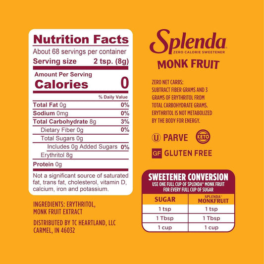 SPLENDA Monk Fruit Zero Calorie Sweetener – Streamlined Pantry Upgrade for Clutter Free Kitchens, Cup-for-Cup Sugar Swap
