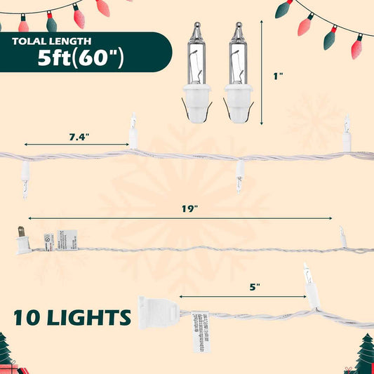 Mini Christmas Lights String Warm White Vintage Short Strand Lights, Cozy Living Room Ambient Lighting for Small Trees and Wreaths, 10 Bulbs 5ft White Wire