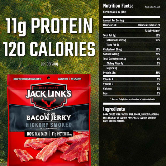 Jack Link's Bacon Jerky, Hickory Smoked – Keto Friendly High Protein Snack for Low Carb Diets and Macro Tracking