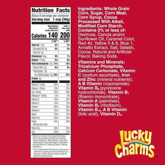 Lucky Charms Chocolatey Chocolate Cereal with Marshmallows – Kids Breakfast Cereal for the Family Pantry, Made with Whole Grain, 10.6 oz