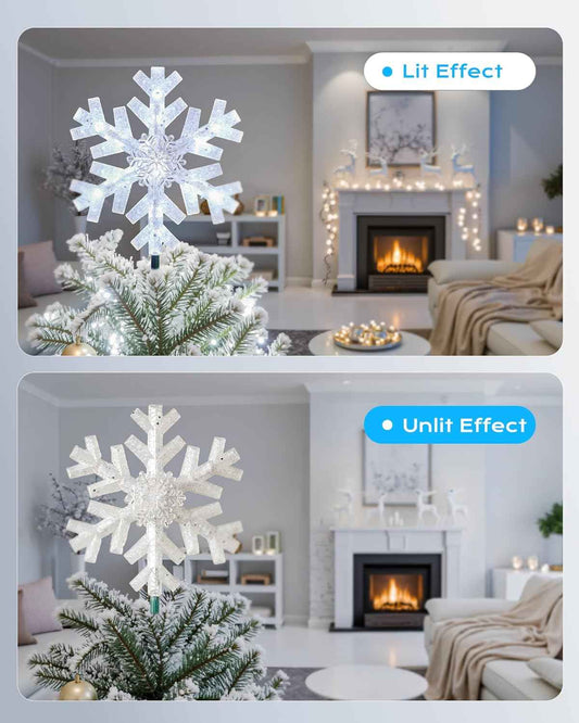 Brightown Snowflake Tree Topper with Lights – UL-Certified Flameless Holiday Decor, Cool White Bulbs with Backup Fuse for Indoor Safety