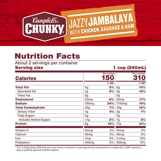 Campbell's Chunky Jambalaya with Chicken & Sausage – Filling Work Cafeteria Lunch, Single-Serve Ready Can