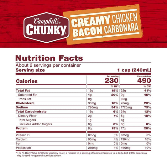 Campbell's Chunky Creamy Chicken Bacon Carbonara Soup, 18.8 oz Can – Single-Serve Ready-to-Heat Meal for Patio Dining and Backyard Gatherings
