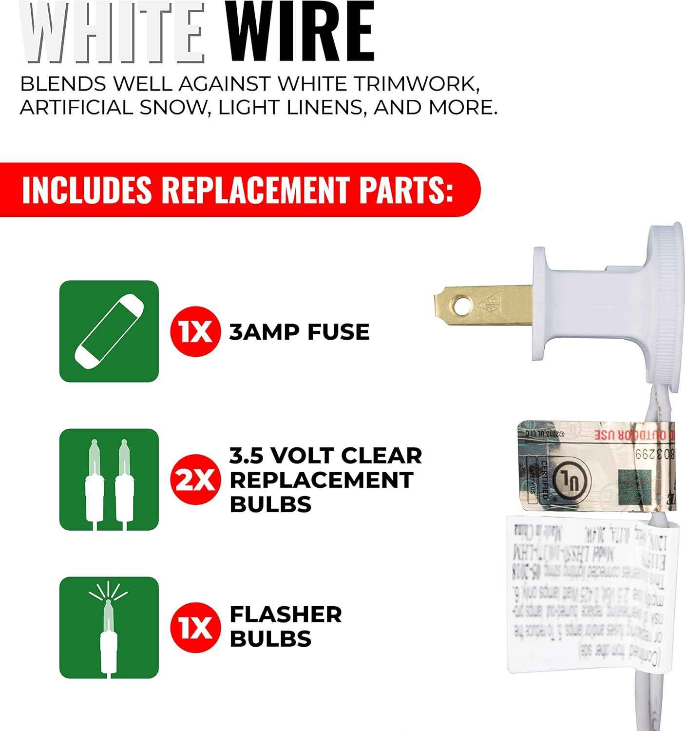 612 Vermont White Wire 20-Bulb String Lights with Spare Fuse – Flameless Warm Glow for Bedrooms, Dorm Rooms, and Nursery Shelves