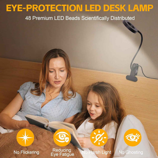 Foneso USB Reading Light for Children Bedroom – Warm 3000K Night Light Setting, Strong Metal Clamp Fits Bunk Beds and Headboards