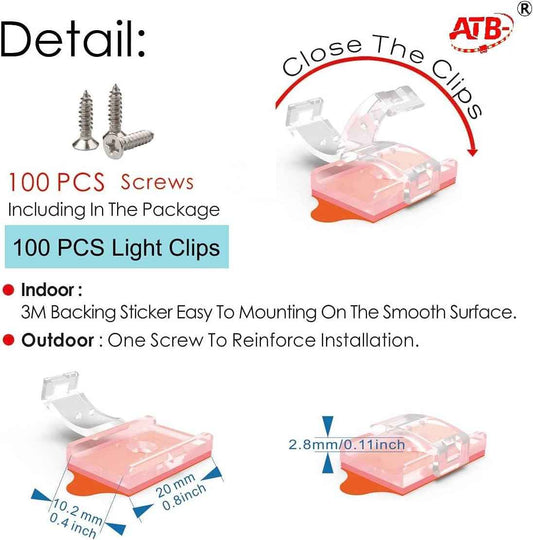 ATB Invisible LED Strip Mounting Clips for Clean Edge Room Corners, 10mm Clear Self-Locking Brackets, 100 Pack Minimalist Setup