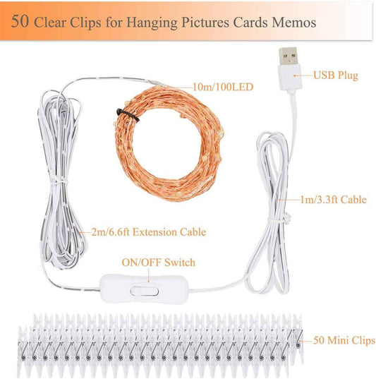 Decute Starry Photo Clip Fairy Lights – Aesthetic Living Room Display, Copper Wire Picture Hanger with USB