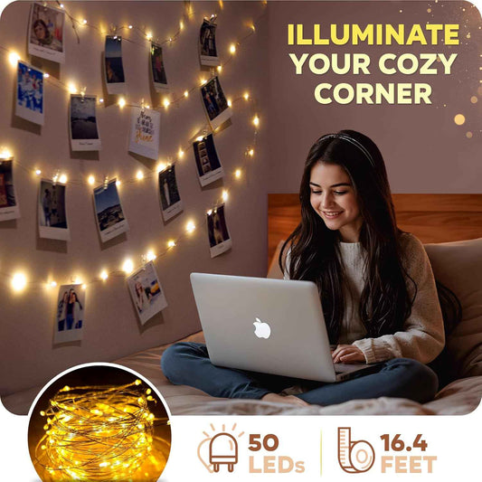Mind-Glowing Photo Clips String Light - Bedroom Wall Decor with Warm 3000K Glow, 50 LED Picture Display String for Cozy Aesthetic