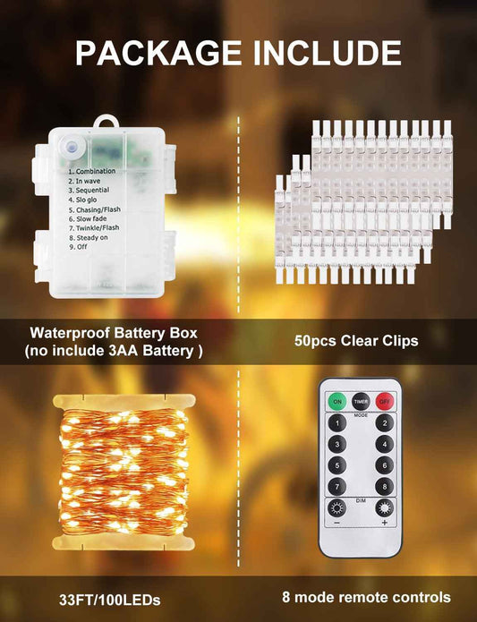 LECLSTAR Photo Clip String Lights – Cozy Bedroom Decor with 100 Warm White LEDs and 50 Clear Clips for Polaroid Displays