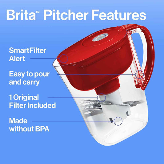 Brita Metro Water Filter Pitcher – Fiery Red Accent Piece for Cozy Kitchens and Dining Counters, 6 Cups