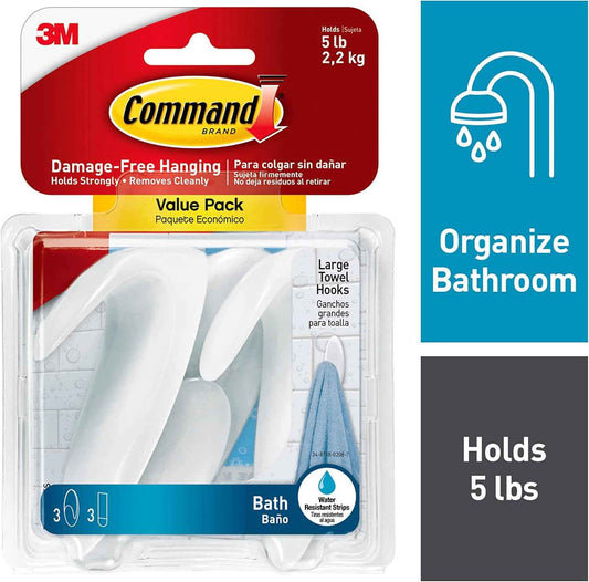 Command Large Towel Hooks 6 Pack – Sleek Bathroom Decor Accessory for Towels and Robes, No-Drill Adhesive Hooks for Spa-Look Spaces