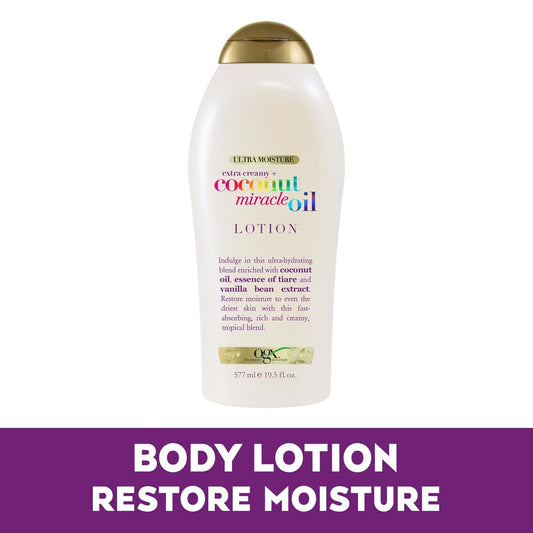 OGX_Extra_Creamy_+_Coconut_Miracle_Oil_Ultra_Moisture_Body_Lotion_with_Vanilla_Bean,_Fast-Absorbing_Body_Lotion_for_All_Skin_Types,_Paraben-Free_and_Sulfated-Surfactants_Free,_19.5_Ounce