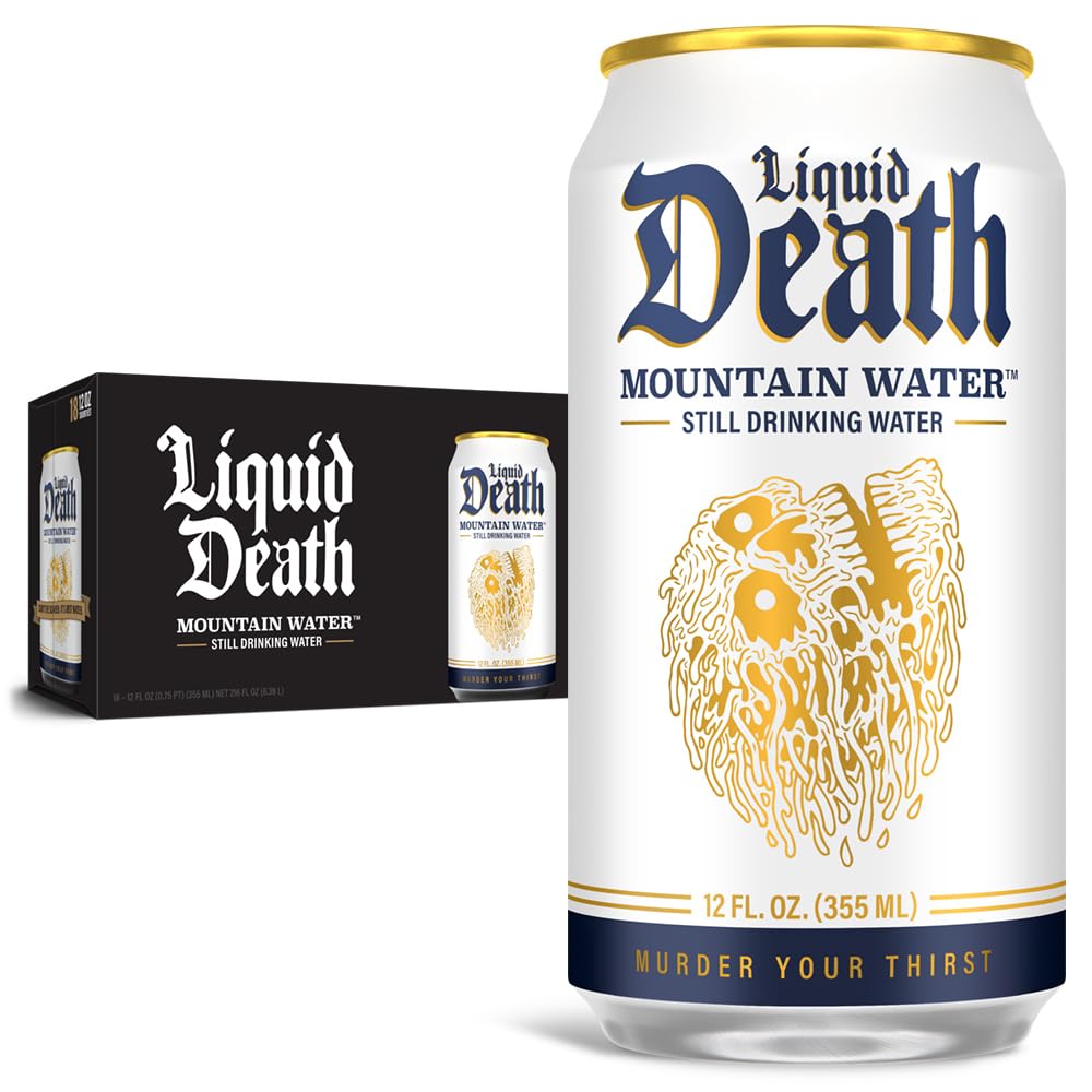 Liquid Death, Still Mountain Water, 18-Pack (12oz Cans), Real Mountain Source, 100% American Made
