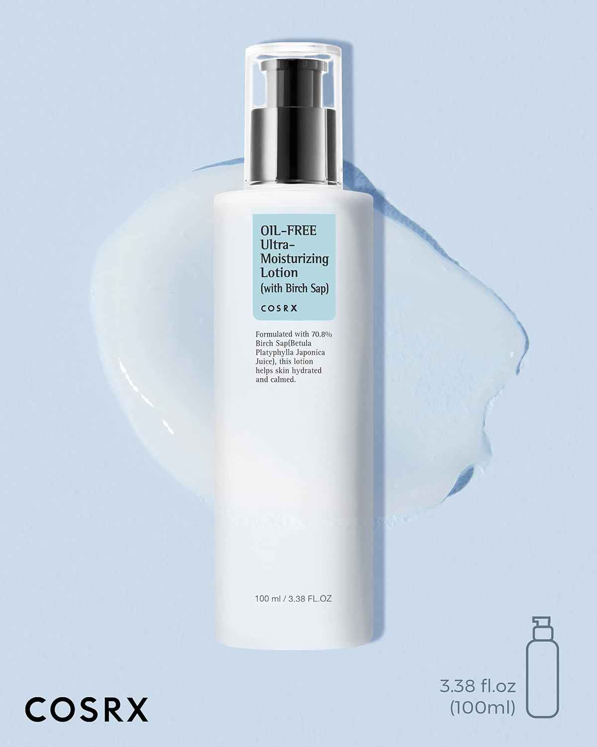 COSRX Oil Free Lotion with Birch Sap, Daily Acne Facial Moisturizer, Hydrating Moisturizer for All Skin Types, Korean Skin Care, 3.38 fl.oz / 100ml