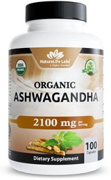 Organic 2,100 mg - 100 Veggie Capsules Pure Organic Ashwagandha Powder and Root Extract - Stress Relief, Mood Enhancer