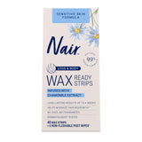 Nair Sensitive Hair Remover Mess-Free Wax Ready Strips, Legs and Body Easy Hair Removal Wax Strips for Sensitive Skin, Chamomile Extract, Dermatologist Tested, Plus 6 Post Wipes