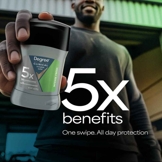 Degree Clinical Strength Antiperspirant Deodorant for Men 96-Hour Sweat and Odor Protection Intense Fresh Invisible Solid 5x Types of Sweat