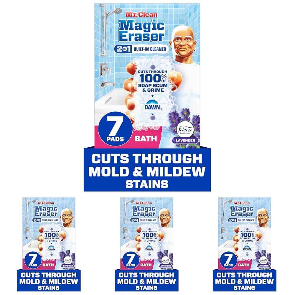 Mr. Clean Magic Eraser Sponge, Bathroom, Shower, Tub Cleaner, Soap Scum Remover, Bathroom Cleaning Supplies, Dawn Cleaning Power with Lavender Scent, Shower & Tub