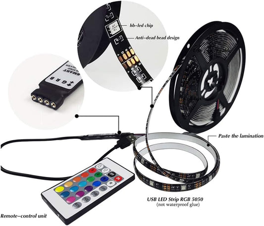 RGB_Led_Strip_16.4ft,5V_USB_Colorful_30LED_S/M_SMD_5050_Flexible_Lights_for_TV_Backlight_Room_Decor,with_24_Keys_Remote_Controller