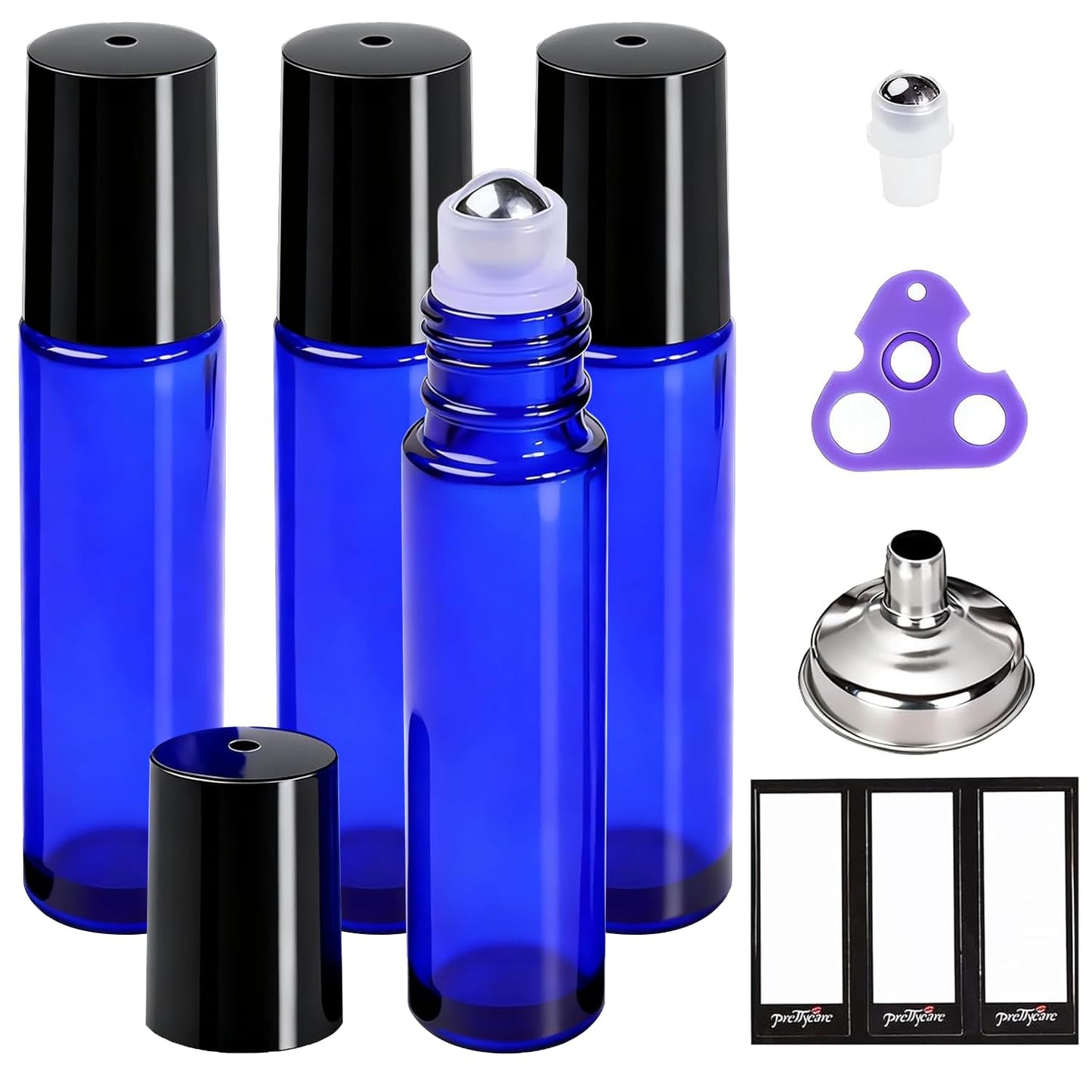 PrettyCare 10 ml 4 Pack Essential Oil Roller Bottles with Stainless Steel Roller Ball - Refillable Leak-proof Empty Thick Blue Glass Roll on Bottles with Black Caps for Travel, Perfume