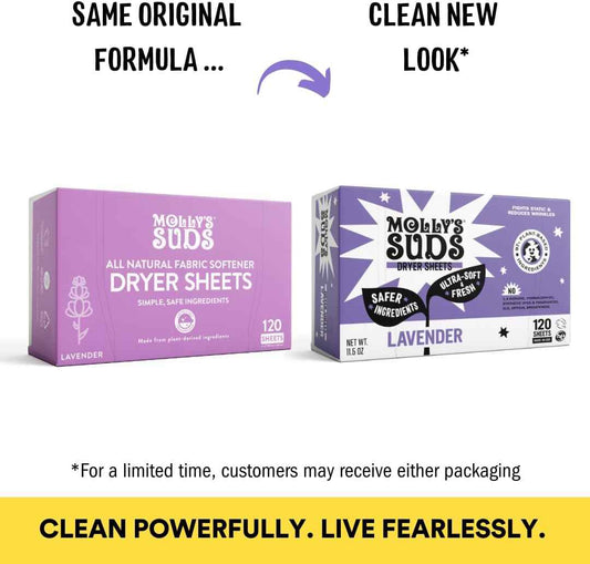 Molly's Suds Fabric Softener Dryer Sheets for Sensitive Skin | Plant-Based Static Reducer, Plastic-Free Packaging