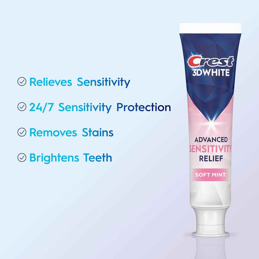 Crest 3DWhite Advanced Whitening Sensitivity Relief Toothpaste, Soft Mint, 3.3 oz, Pack of 2