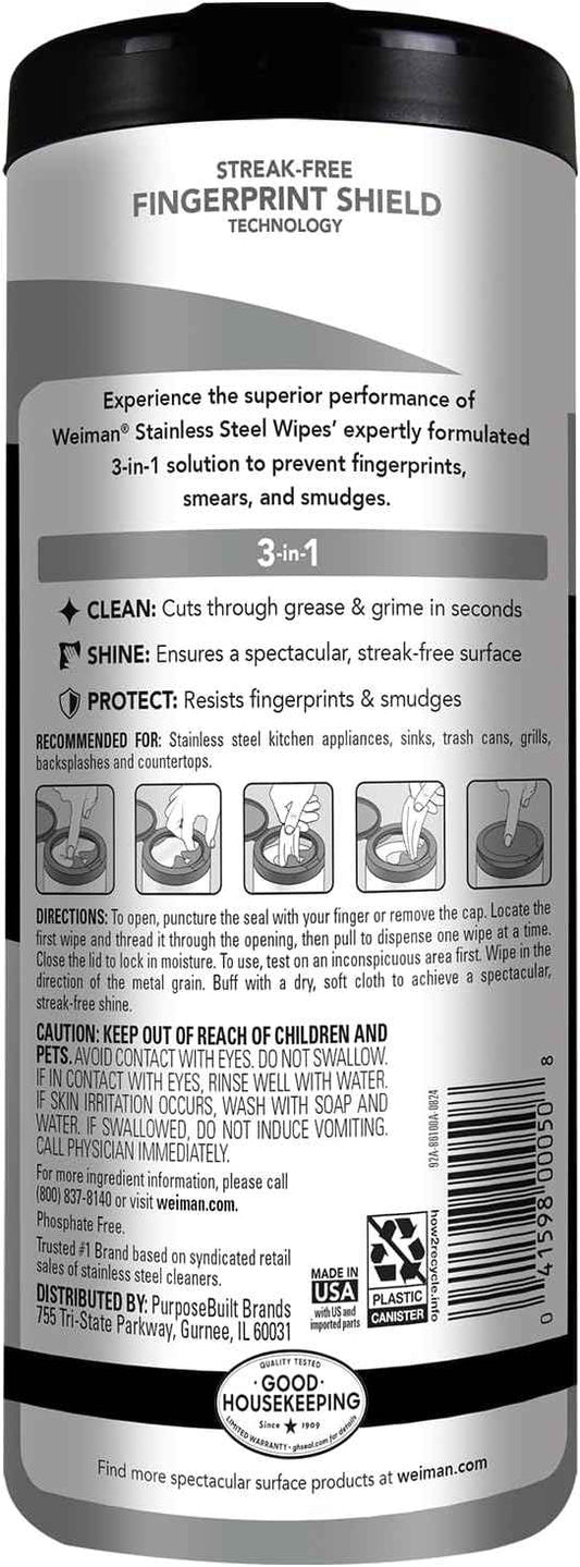 Weiman Stainless Steel Cleaner & Polish Kit, Wipes & Cloth, Anti-Fingerprint, Removes Grease, Water Spots, Streaks & Residue, Polishing Cleaner Safe for Appliances, Chrome, Sinks & Grill Exteriors