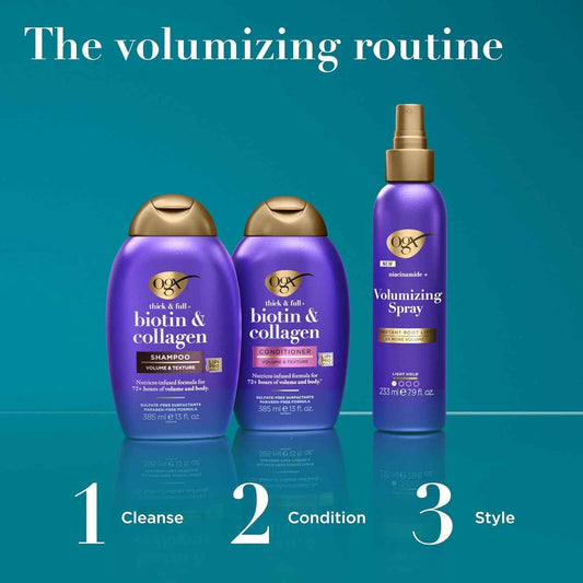 OGX Thick & Full + Biotin Collagen Extra Strength Volumizing Shampoo with Vitamin B7 Hydrolyzed Wheat Protein for Fine Hair. Sulfate-Free Surfactants Thicker, Fuller Hair, 13 Fl Oz