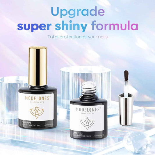 modelones Gel Top Coat, 15 ml 2026 Upgrade Super Shiny Base and Top Coat Set, Soak Off Nail Lamp Acid Free No Wipe Clear Base Top Gel Nail Polish