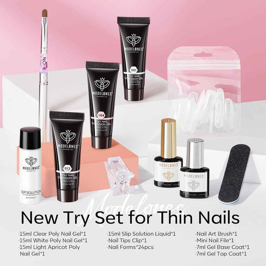 Modelones Poly Gel Nail Kit 3 Colors White Apricot with Slip Solution Dual Nail Forms Top Base Coat Extension Builder Gel Enhancement Professional Starter Kit DIY Nail Art Salon Use