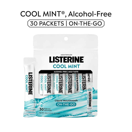 Listerine Mouthwash On-the-Go Travel Essentials Individual Packets of Alcohol-Free Cool Mint Flavor Oral Rinse Kills Bad Breath Germs Mini Travel Size Mouthwash, 30 ct