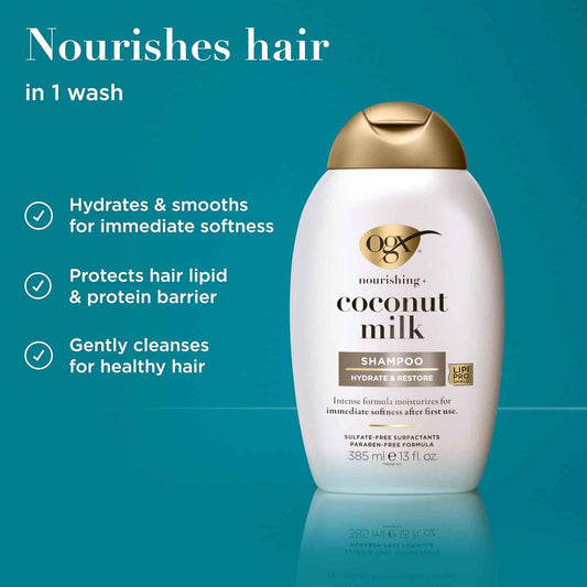 OGX Nourishing + Coconut Milk Moisturizing Shampoo, Hydrating & Restoring Shampoo Moisturizes for Soft Hair After the First Use, Paraben-Free, Sulfate-Free Surfactants