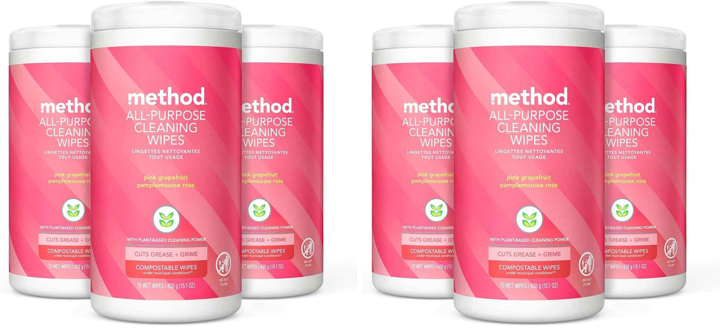 Method All-Purpose Cleaning Wipes, Pink Grapefruit, Multi-Surface, Compostable, 70 Count