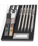 Metal Mechanical Pencil Set with Lead and Eraser Refills, 5 Sizes, 0.3, 0.5, 0.7, 0.9, 2mm, Drafting, Sketching, Architecture, Drawing Metal Mechanical Pencils