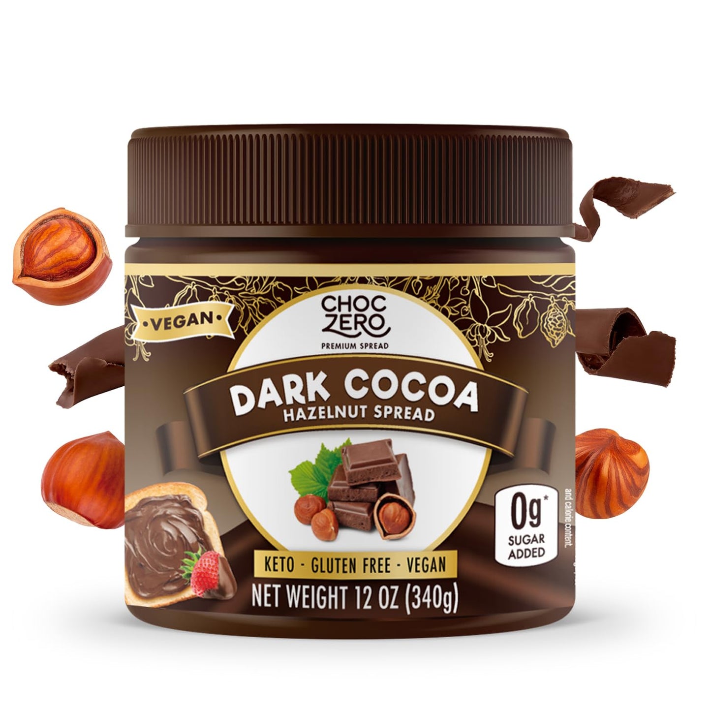 ChocZero Vegan Cocoa Hazelnut Spread – Sugar Free, Keto Friendly, Low Carb Chocolate Dessert & Bread Topping, Gluten Free, High Fiber, 12 oz Jar