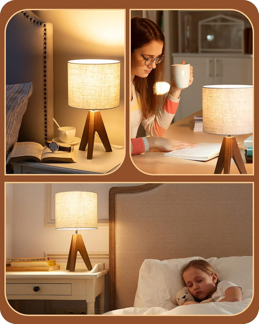 EDISHINE_Tripod_Table_Lamp,_Small_Cute_Bedside_Lamp_with_Linen_Beige_Lampshade,_Nightstand_Lamp_for_Nursery,_Bedroom,_Kid_Room,_Living_Room,_Light_Brown_Wooden_Base,_E26_Socket,_14.2_Inch