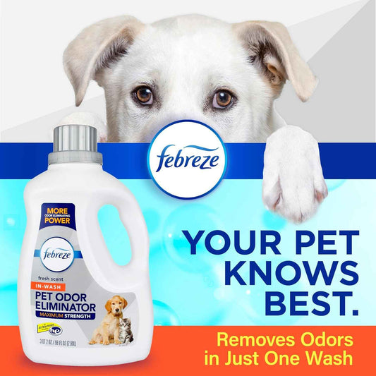 Febreze Laundry Detergent Additive for Pet Supplies, Maximum Strength In Wash Pet Odor Eliminator, Designed to Remove Tough Odors in Fabrics and Clothing in a Single Wash, Fresh Scent, 98 fl oz