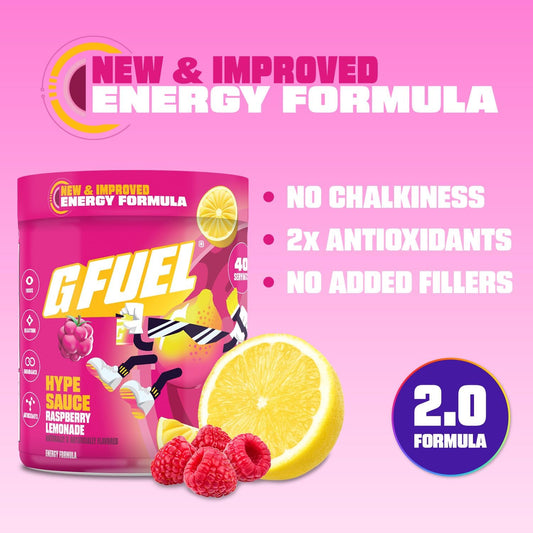 G_Fuel_Hype_Sauce_2.0_Energy_Drink_Powder,_Pre_Workout_Caffeine_Mix_for_Gaming,_Sugar_Free_Focus_Amino,_Vitamin_+_Antioxidants,_8.7oz_(Raspberry_Lemonade,_40_Servings)