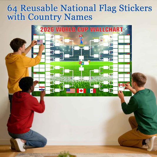 YANGALOOP 36x24 inches Predict 2026 World Cup Schedule Poster,64 Reusable National Flag Stickers with Country Names, Soccer Poster 2026 World Cup Merchandise, Soccer Gifts for Boys Room Decor