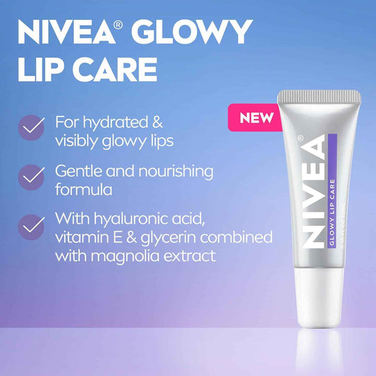 NIVEA Glowy Lips, Vegan Lip Balm with Hyaluronic Acid, Vitamin E, and Magnolia Extract, Moisturizing Lip Balm Instantly Boosts Natural Lip Glow, 0.35 Fl Oz Tube