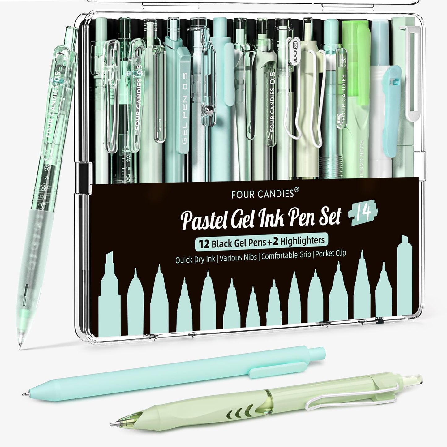 Four Candies Writing Ink Pens with Black & Green Ink and 2Pack Highlighter, Retractable 0.5mm Smooth Fine Point Pens,Green Pens for School, Office Girly Stationery Aesthetic Desk Accessories Set of 14