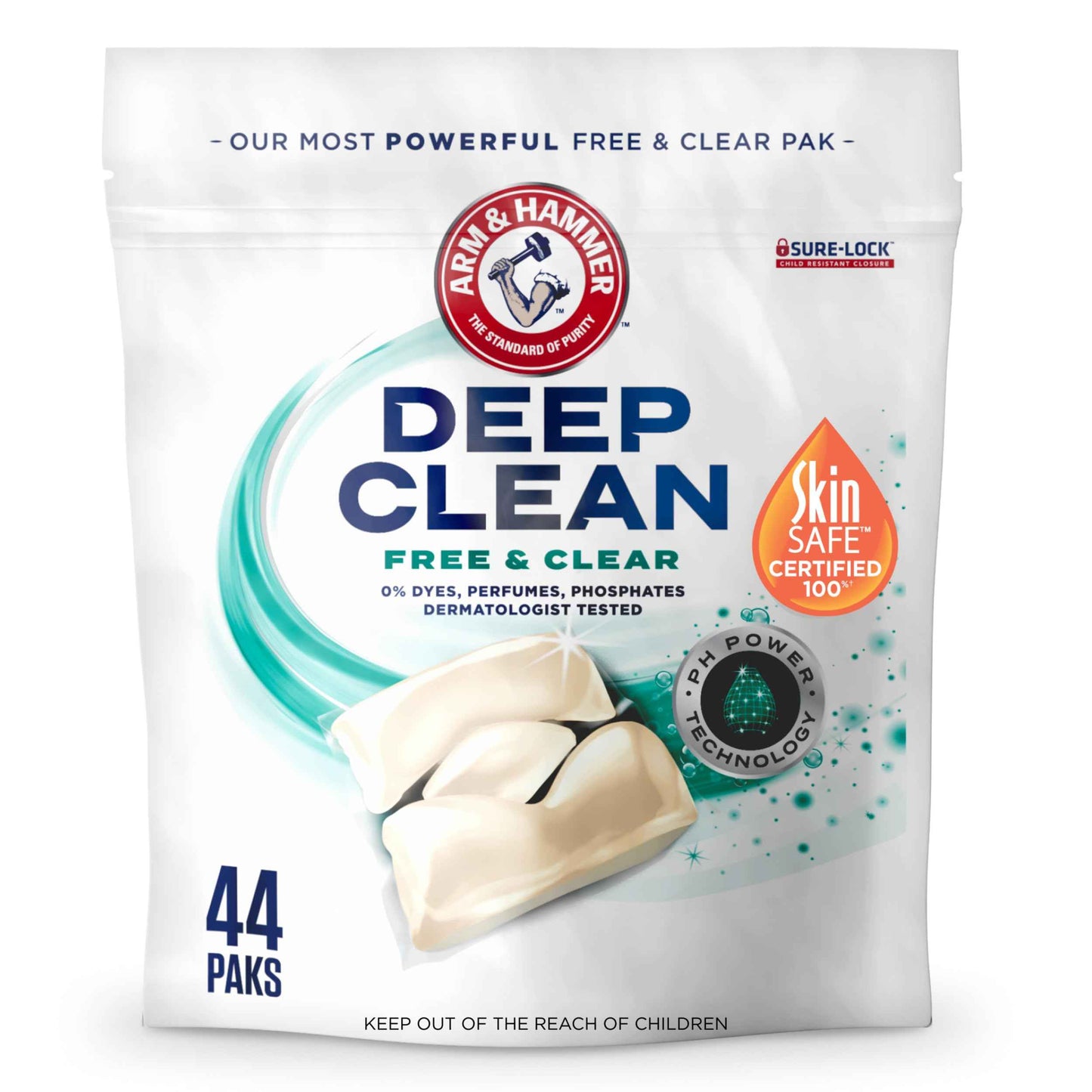 ARM & HAMMER Deep Clean Free & Clear Laundry Detergent Power Paks, Free of Dyes and Perfumes, Dermatologist Tested