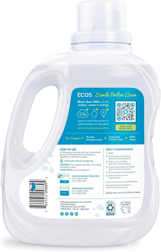 ECOS Laundry Detergent Liquid, 100 Loads - Dermatologist Tested Laundry Soap - Hypoallergenic, EPA Safer Choice Certified, Plant-Powered - Free & Clear, 100 Fl Oz