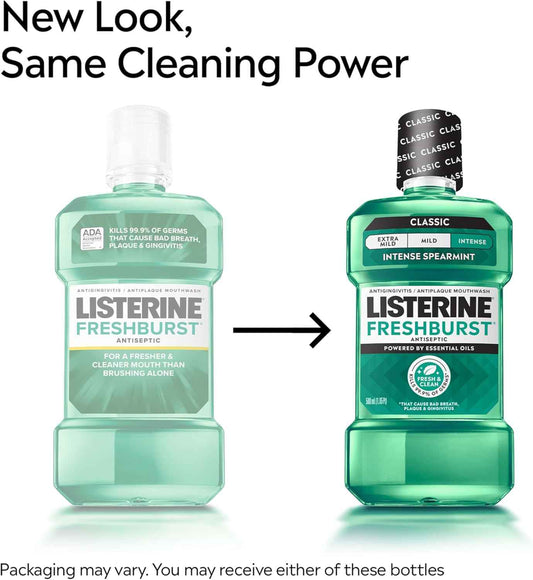 Listerine Freshburst Intense Antiseptic Mouthwash for Bad Breath, Kills 99.9% of Germs that Cause Bad Breath & Fight Plaque & Gingivitis, ADA Accepted Mouthwash, Intense Spearmint, 250 mL