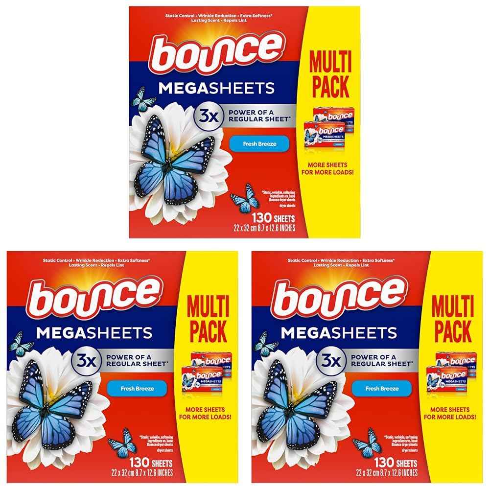 Bounce Mega Dryer Sheets, Fresh Breeze, 130 Count, Mega Fabric Softener Sheets with Static Control, Wrinkle Reduction, Extra Softness, Lasting Scent, Repels Lint