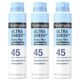 Neutrogena Ultra Sheer Sunscreen Spray SPF 45 Body Mist, Lightweight Non-Greasy Broad Spectrum UVA/UVB Protection, Oil-Free & Non-Comedogenic Water Resistant Spray Sunscreen (80 min), Pack of 3, 5 oz
