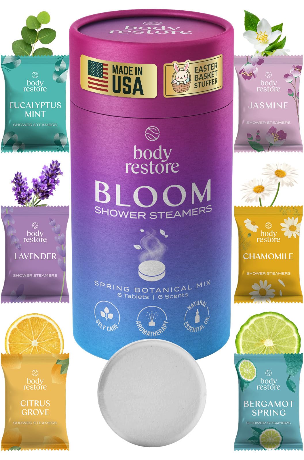 Body Restore Shower Steamers Aromatherapy 6 Pack – Easter Basket Stuffers, Easter & Birthday Gifts for Women & Men, Girls & Boys, Stress Relief & Relaxation Self Care – Bloom