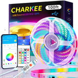 CHARKEE LED Lights 25ft/50ft/100ft USB-Powered, Music Sync RGB LED Strip Lights for Bedroom/TV Backlight/Gaming Lighting, Color Changing Bluetooth Led Lights IR Remote&App Control