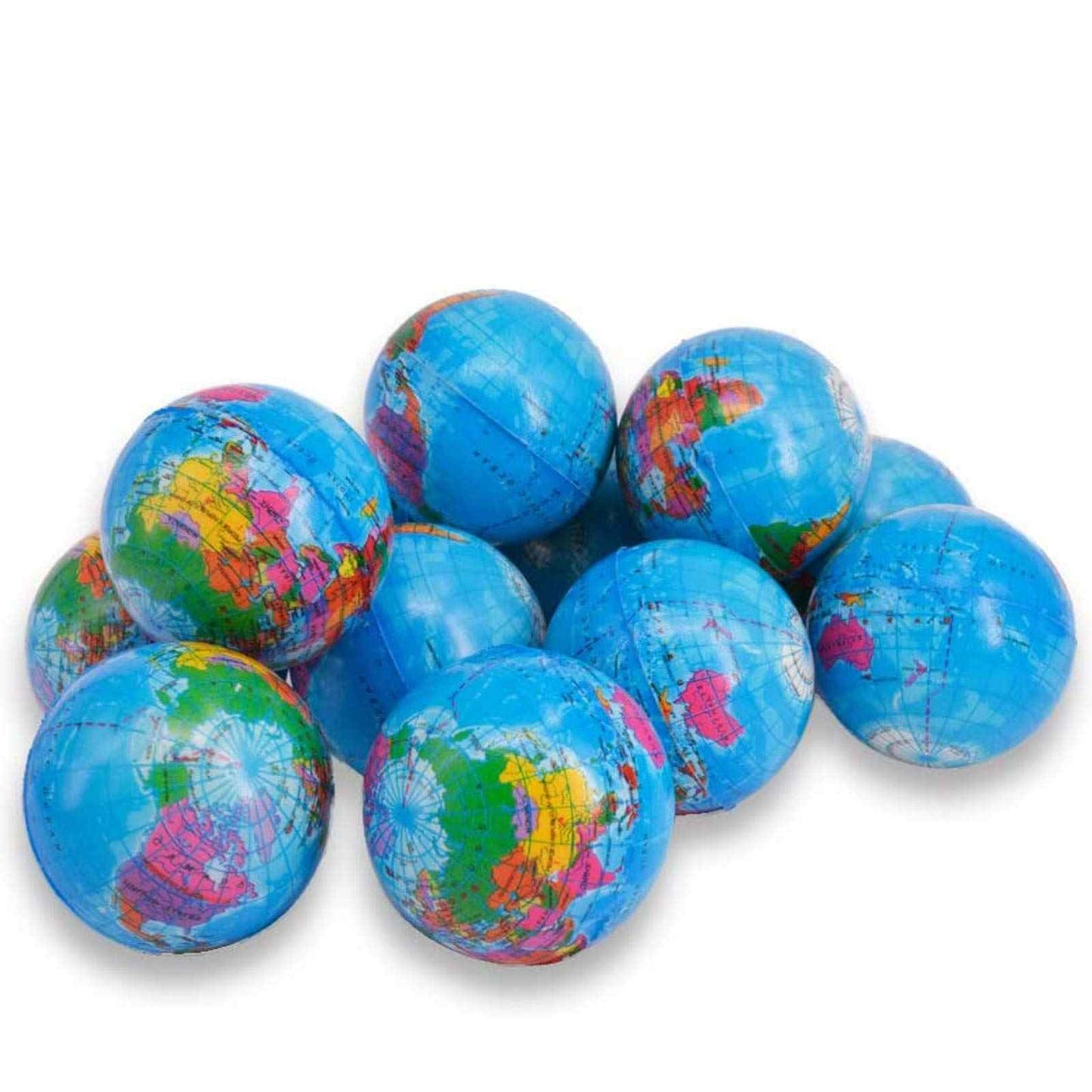 24 Pack Squeezable World Stress Balls for Kids Mini Earth Ball - Pressure Relieving Health Balls Globe Pattern Balls , School, Classroom, Party Favors (2.5" Inches)